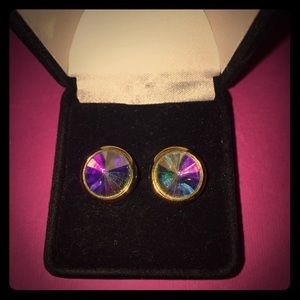 Vintage Gold Post Earrings w/ Iridescent Stones